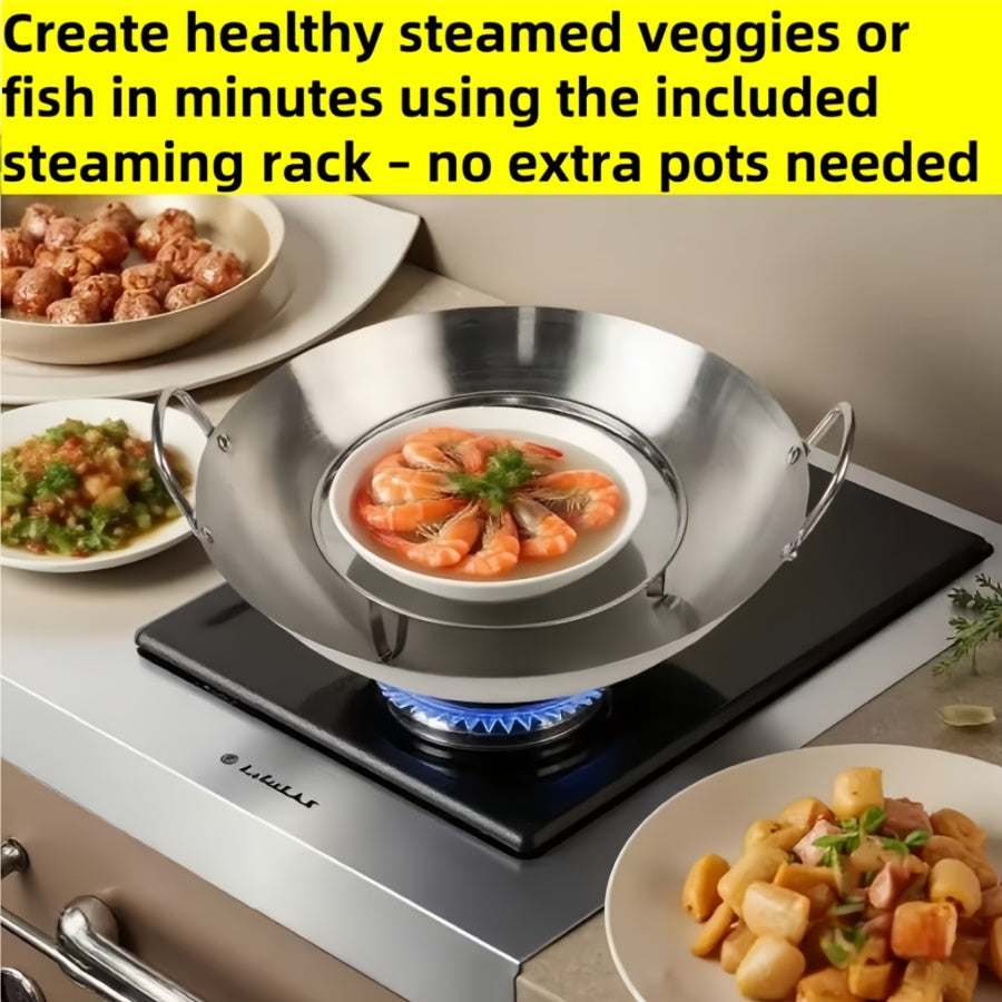 Stainless Steel Stir Fry Wok with Double Handles, Heavy-Duty Cooking Pan for Sautéing, Boiling and Braising at Home or Camping