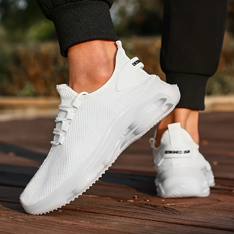 Men's Air Cushion Sneakers, Lightweight Breathable Knit Sports Shoes for Daily Walking, Running and Fitness in White, Black, Red or Khaki