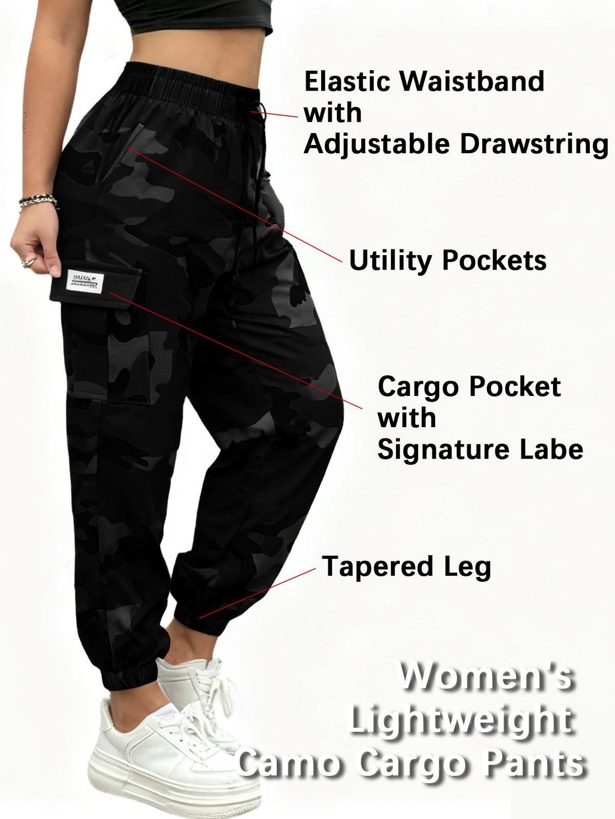 Women's Tapered Cargo Pants with Elastic Drawstring Waist, Lightweight Quick-Dry Outdoor Style in Three Colors and Sizes XS to XXL