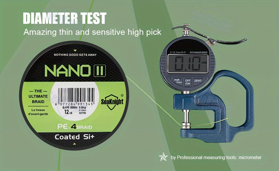 Braided Fishing Line by SeaKnight Nano II, 4-Strand PE Line in 110 or 327 Yard Options, 7–15 lb Listed Tests and Green or Yellow Colors