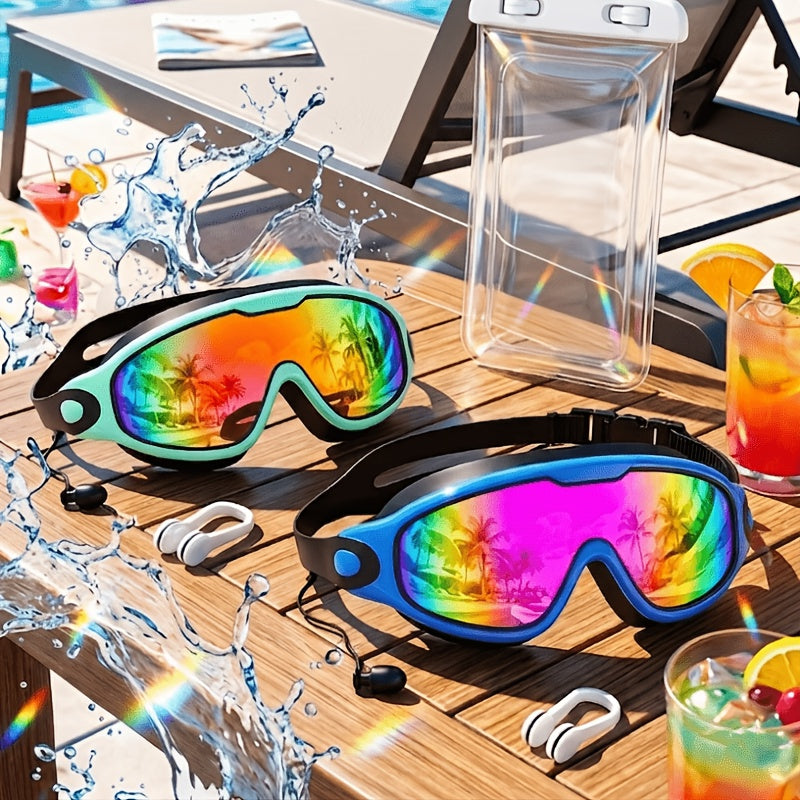 Wide-View Swimming Goggles with Mirrored Lenses, Earplugs, Nose Clip and Phone Pouch, Turquoise Blue or Lake Blue Pool and Outdoor Travel Accessory