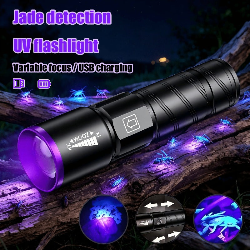 395nm UV Blacklight Flashlight with Adjustable Zoom, USB Rechargeable Aluminum Body and 3 Modes for Fluorescent Stain and Mineral Inspection