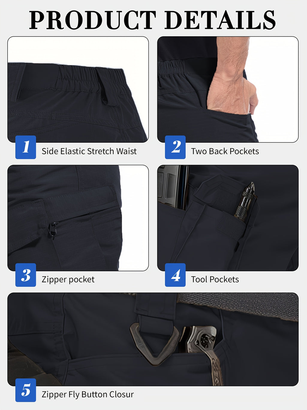 Multi-Pocket Cargo Shorts for Men, Breathable Quick-Dry Tactical-Style Work Shorts in Black, Khaki, Grey or Fern Green for Everyday Outdoor Wear