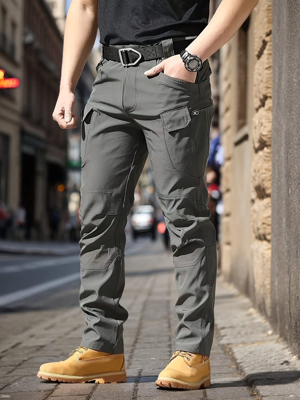 Relaxed-Fit Polyester Tactical Pants for Men with Belt Included, Lightweight Quick-Dry Multi-Pocket Trousers for Hiking, Outdoor Adventures and Work