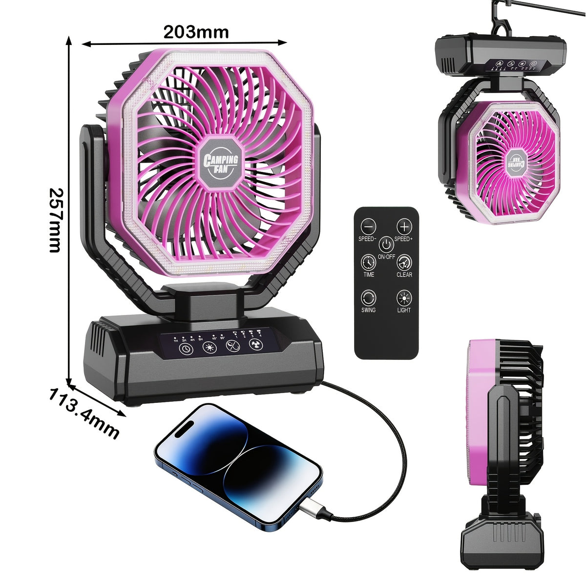 Portable Outdoor Desk Fan with LED Light, Camping Cooling Gear with Orange, Green, Black, Gray and Pink Color and Model Options