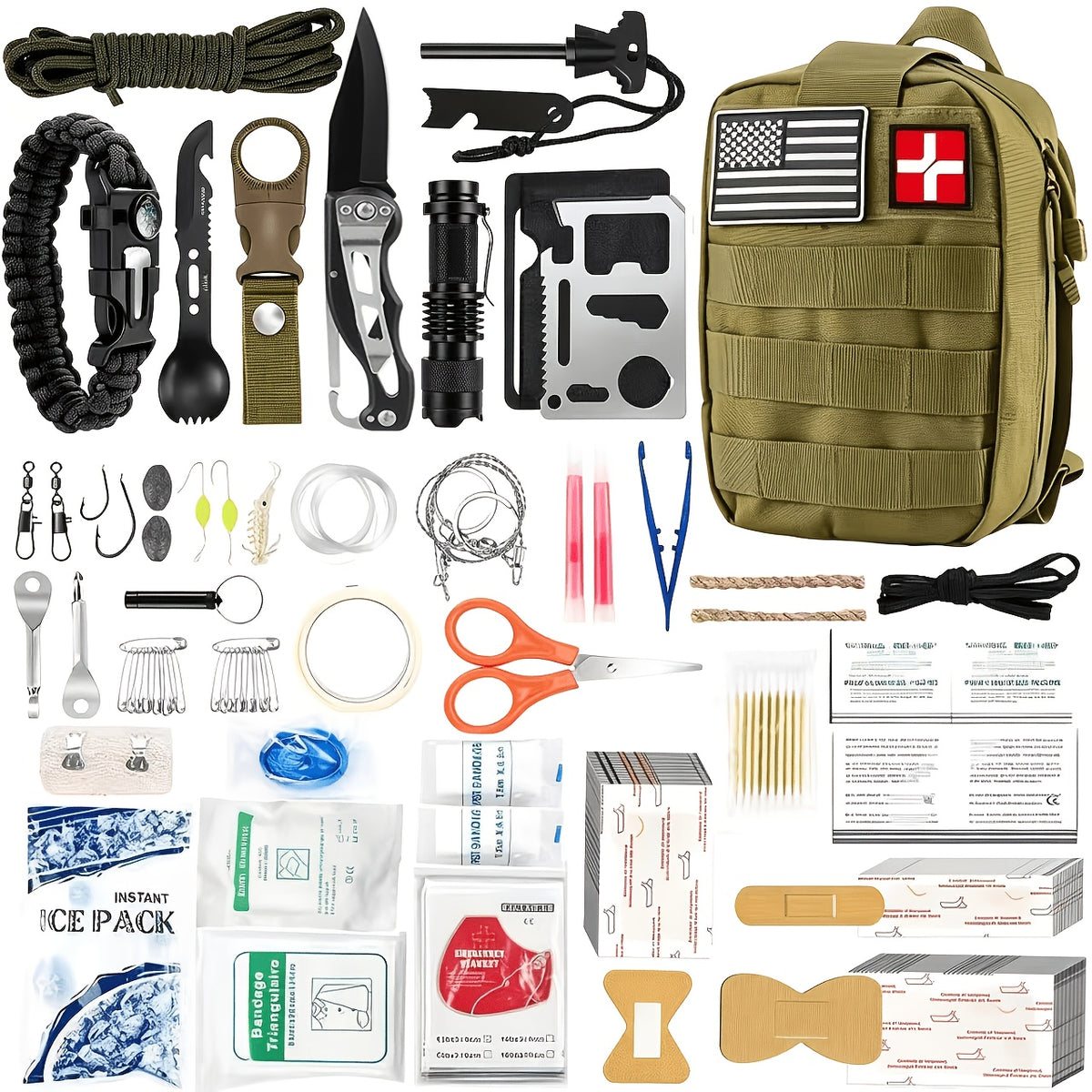 217-Piece Survival Kit with First Aid Supplies and Tools in MOLLE Storage Bag, Emergency Preparedness Set for Home and Outdoor Use