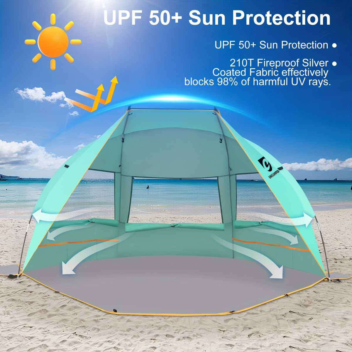 3-Person Beach Sun Shelter with UPF 50+ Fabric, Extended PE Floor and Three Mesh Roll-Up Windows, Portable 4 lb Tent for Beach Days and Outdoor Picnics