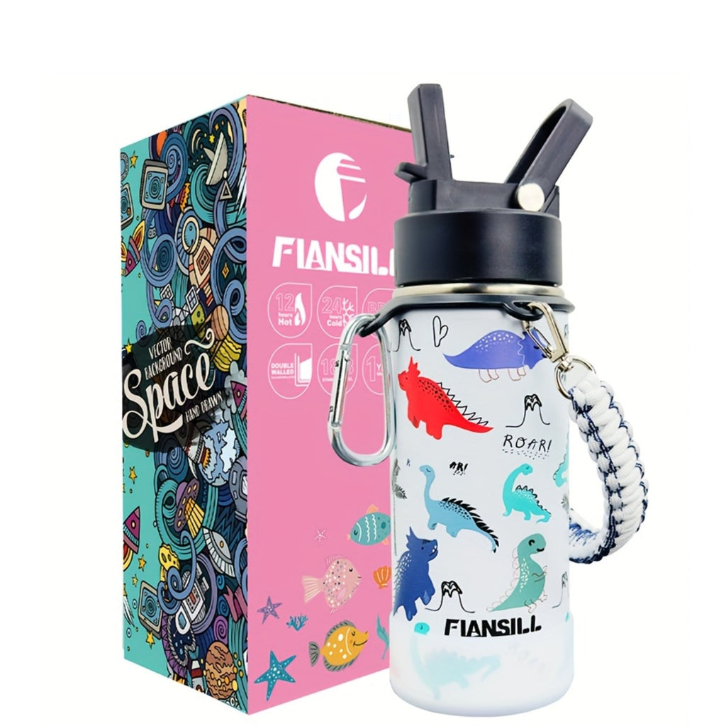 16oz Student Insulated Water Bottle, Stainless Steel Vacuum Flask with One-Hand Lid, Carry Strap and Seven Designs for School and Outdoor Trips