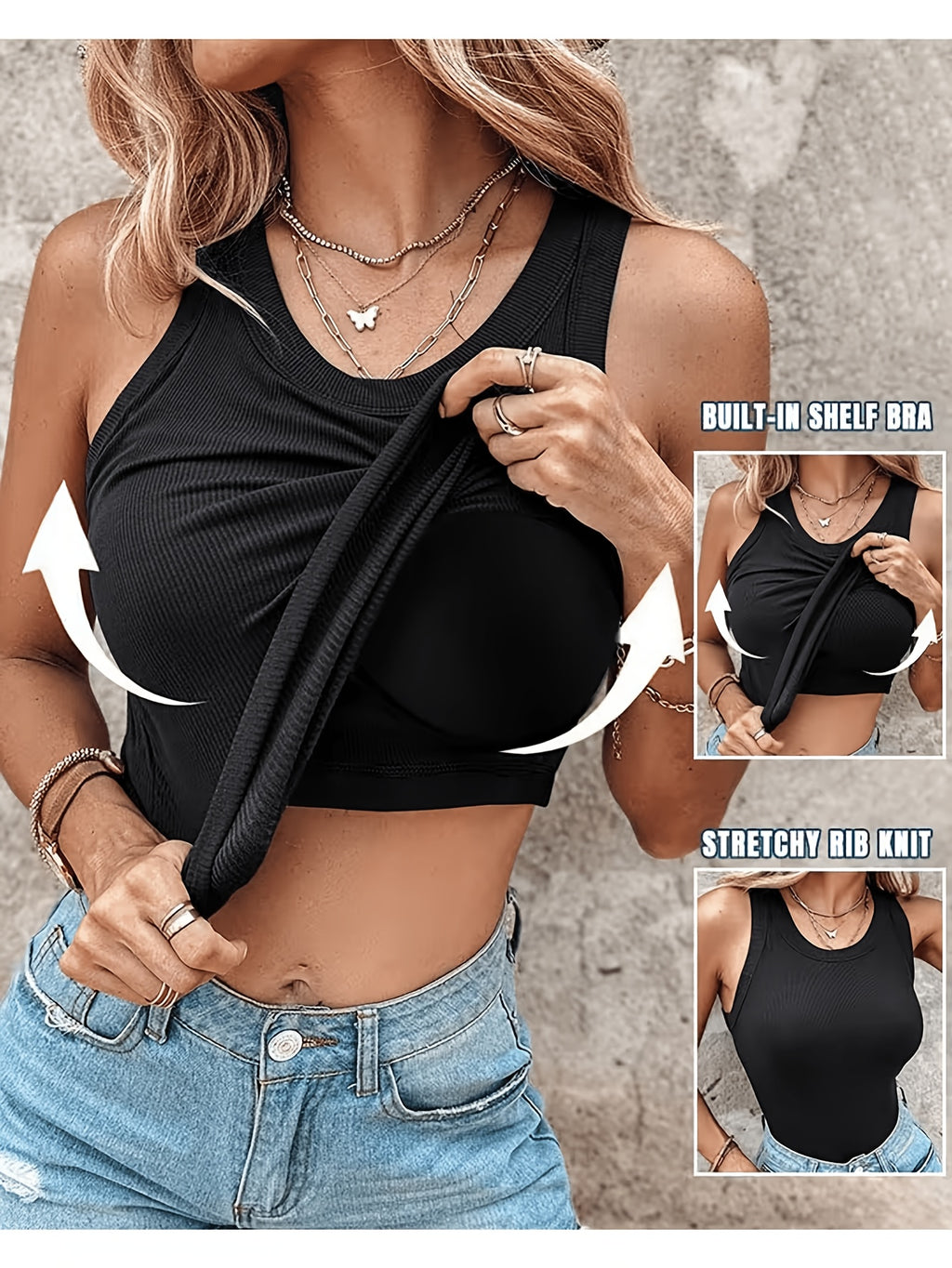 Women's Ribbed Tank Tops with Built-In Bra 4-Pack, Slim-Fit Scoop-Neck Sleeveless Camisoles for Layering, Lounging and Everyday Wear