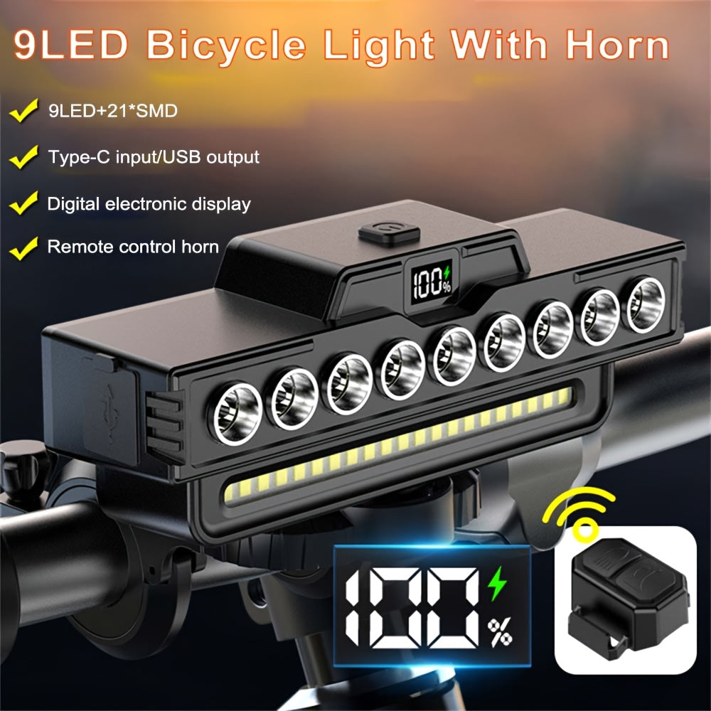 Bicycle Front Light with Digital Display, 9 LEDs and 7 Lighting Modes, USB Rechargeable 4000mAh Headlight with Set Option for Night Riding
