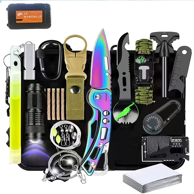28-in-1 Survival Equipment Set with Tactical Knife and Outdoor Tools, Magnesium Rod and Flint for Hiking Adventures and Father's Day Gifts