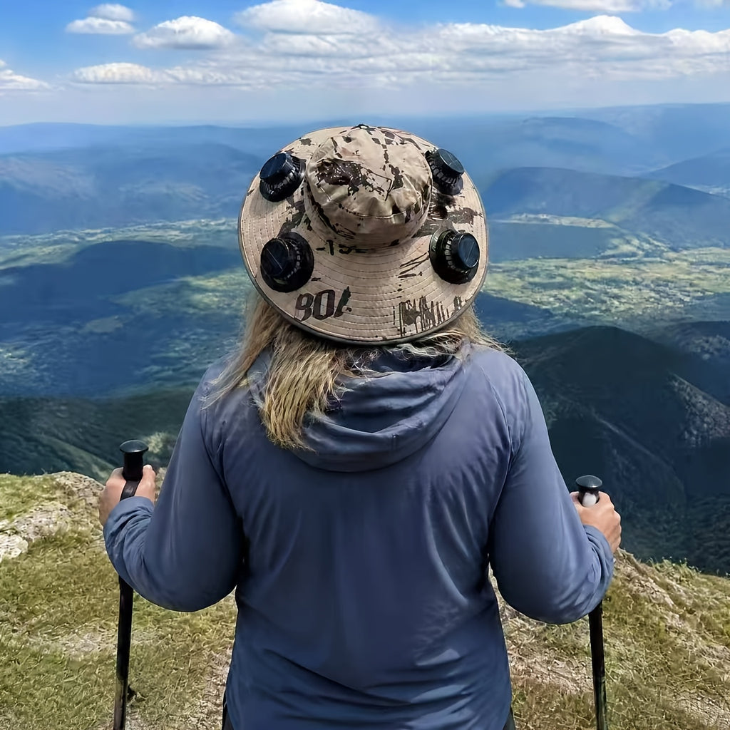 4-Fan Solar Powered Sun Hat with Wide Brim, USB Charging and 3 Adjustable Speeds for Fishing, Hiking and Summer Outdoor Activities