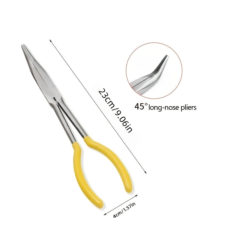 45-Degree Bent Nose Fishing Pliers, Long-Handle Hook Removal Tool with Extended Nose, Yellow Angling Accessory for Your Tackle Kit