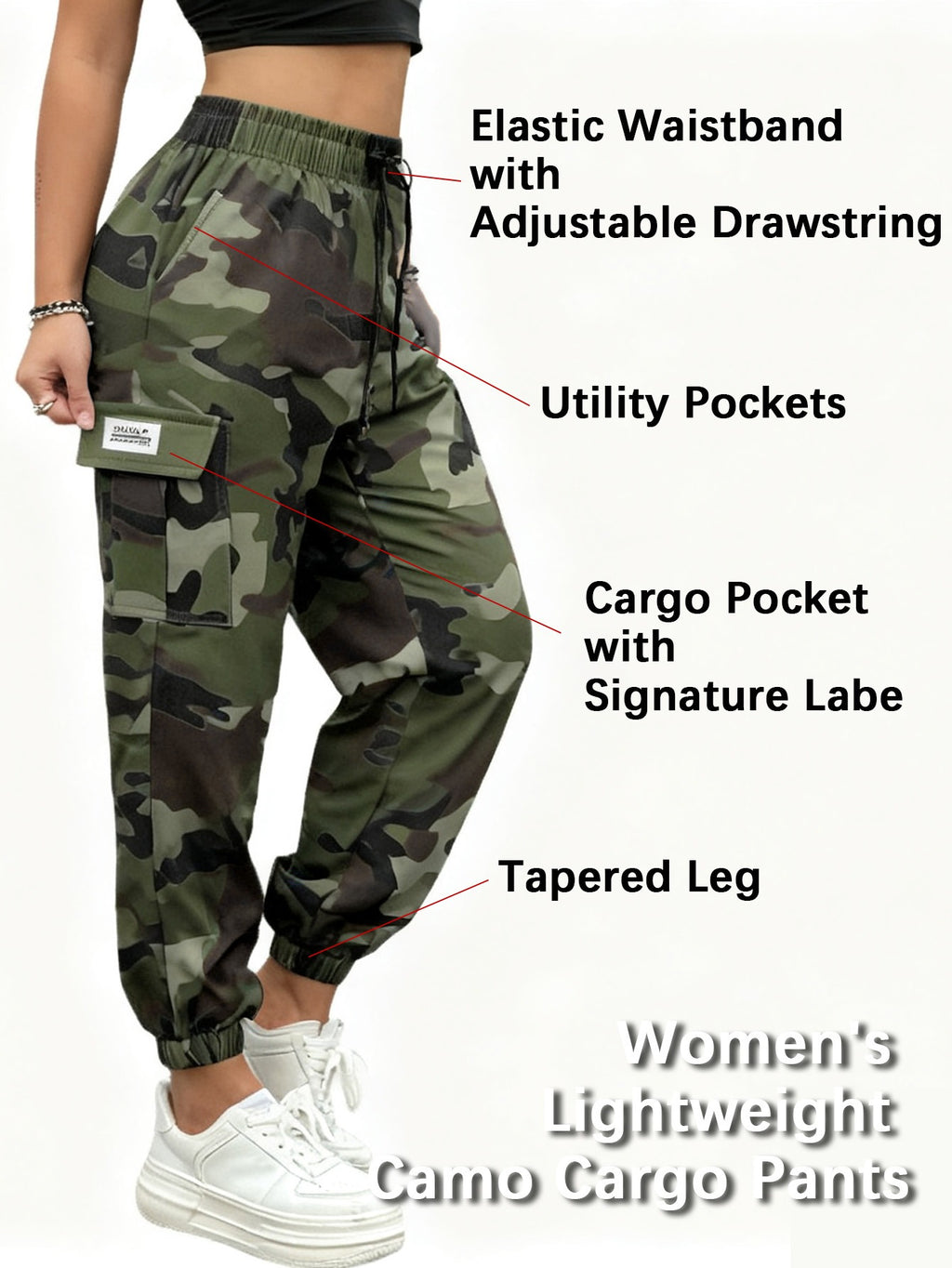 Women's Tapered Cargo Pants with Elastic Drawstring Waist, Lightweight Quick-Dry Outdoor Style in Three Colors and Sizes XS to XXL