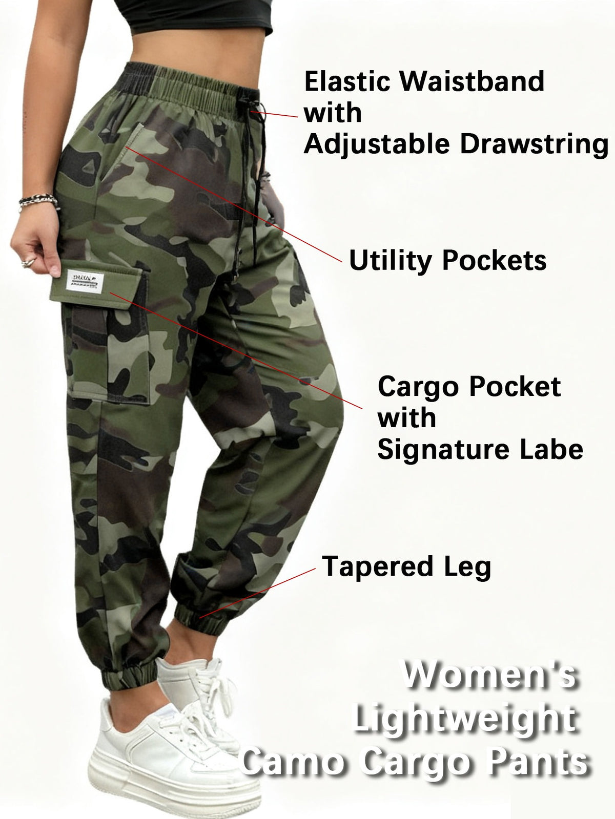Women's Tapered Cargo Pants with Elastic Drawstring Waist, Lightweight Quick-Dry Outdoor Style in Three Colors and Sizes XS to XXL