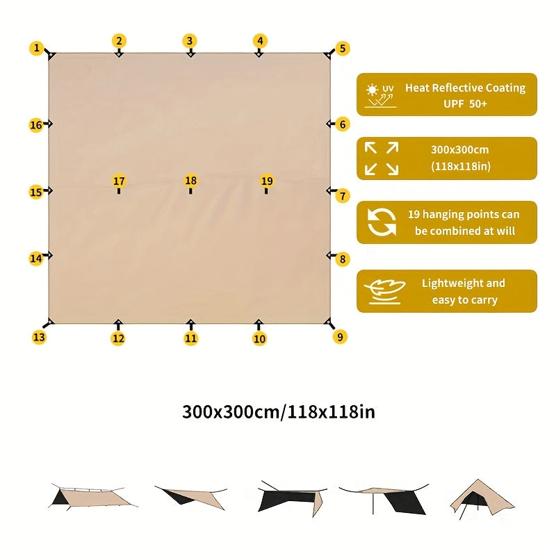 Camping Sunshade Tarp with 6 or 19 Attachment Points, Outdoor Shade Cloth in 300 x 300 cm or 300 x 400 cm Options for Flexible Campsite Setups