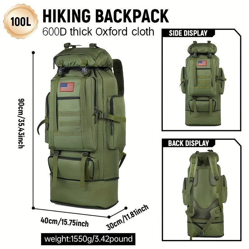 100L Tactical Backpack for Hiking and Travel, Large-Capacity Outdoor Pack with Multiple Compartments and Shoulder Straps in Green, Gray or Desert