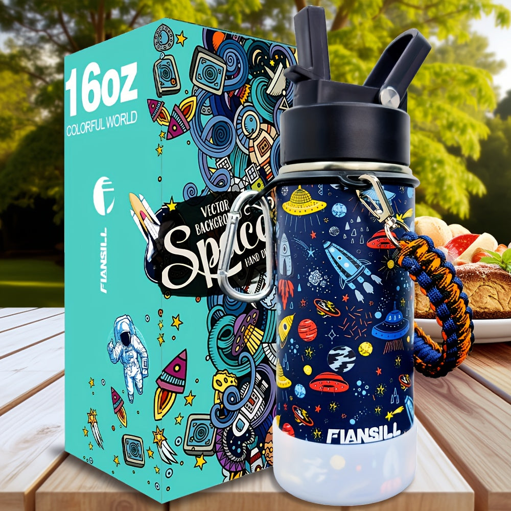 16oz Student Insulated Water Bottle, Stainless Steel Vacuum Flask with One-Hand Lid, Carry Strap and Seven Designs for School and Outdoor Trips