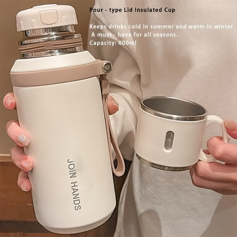 Vacuum Insulated Water Bottle 20.29 oz, 600ml 316 Stainless Steel Flask with Handled Cup Lid and Cleaning Brush Sets for Travel, Office and Outdoor Days