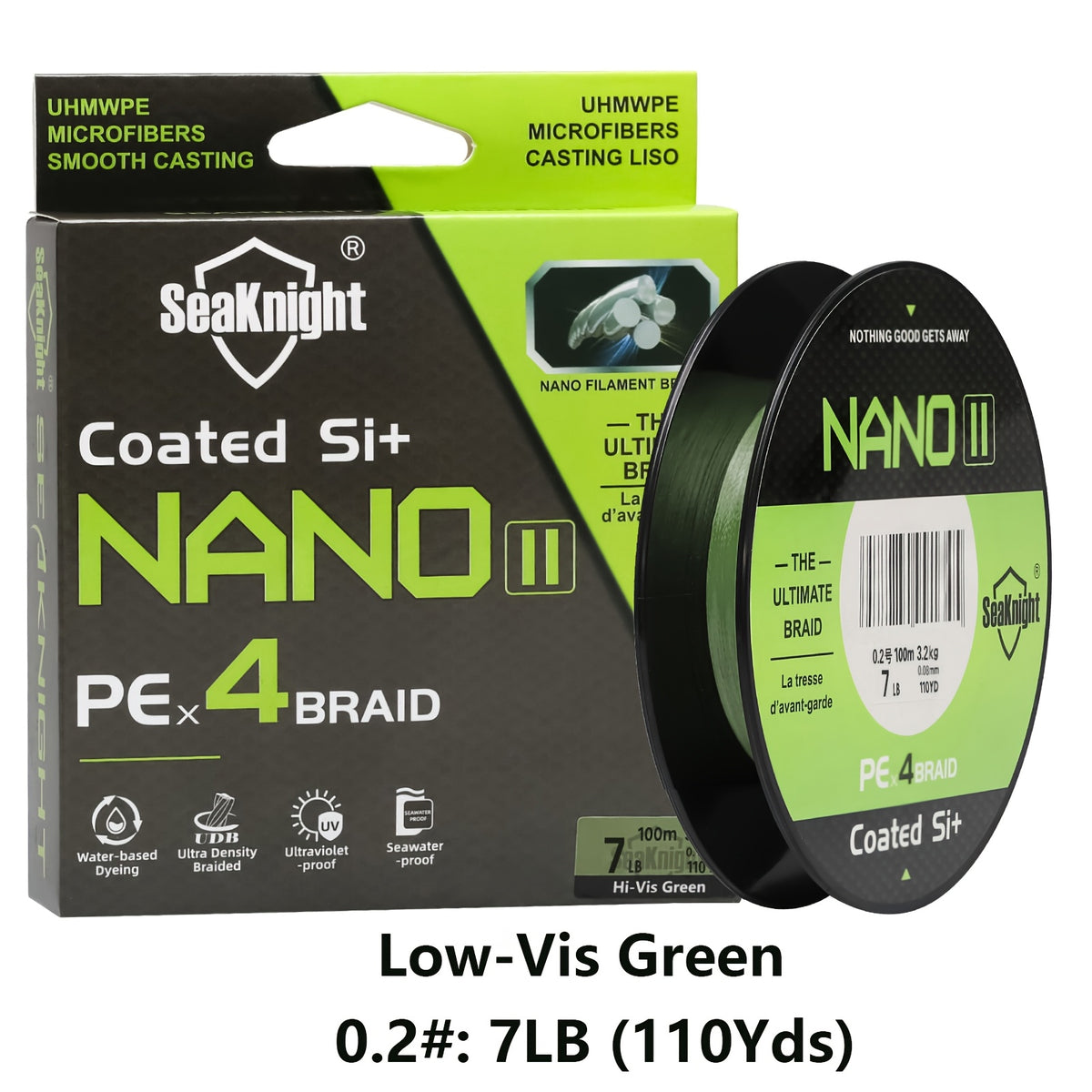 Braided Fishing Line by SeaKnight Nano II, 4-Strand PE Line in 110 or 327 Yard Options, 7–15 lb Listed Tests and Green or Yellow Colors