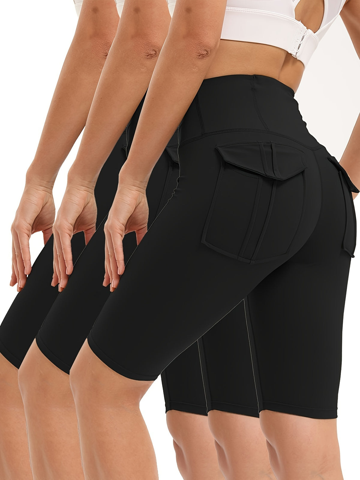 Nylon Spandex Biker Shorts 5-Pack for Women, High-Waist Stretch Workout Shorts with Two Back Pockets for Yoga, Running and Casual Wear