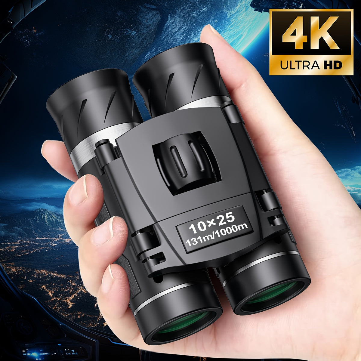 10x25 Compact Binoculars with Waist Bag and Strap, Lightweight Black Pocket Optics for Bird Watching, Hunting, Travel, Sports and Concerts