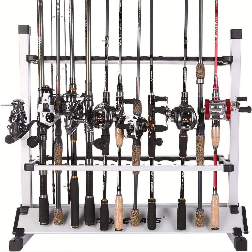 24 Rod Portable Fishing Rod Rack with Aluminum Alloy Frame, Cushioned Holders and Carry Handle for Upright Garage or Cabin Pole Storage