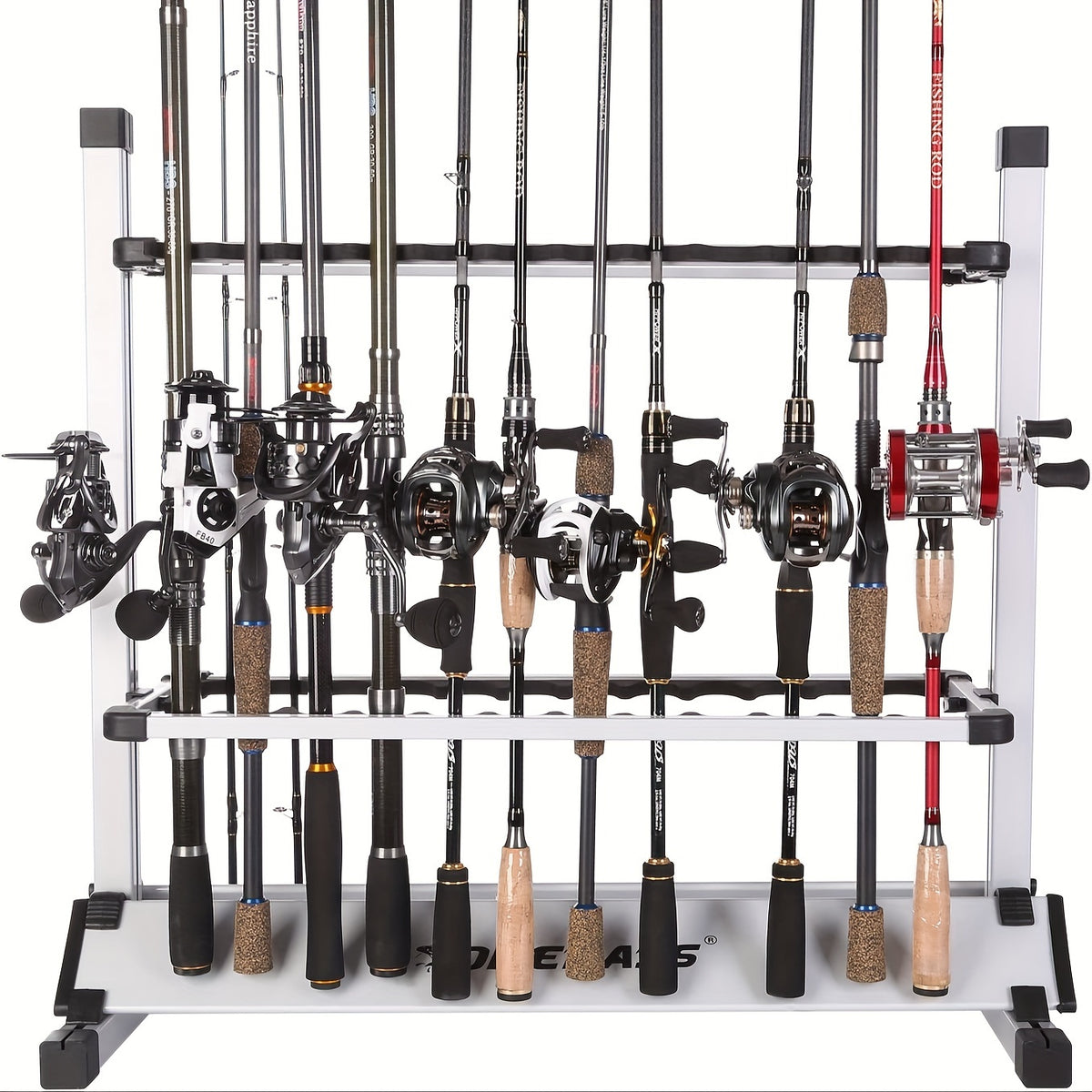 24 Rod Portable Fishing Rod Rack with Aluminum Alloy Frame, Cushioned Holders and Carry Handle for Upright Garage or Cabin Pole Storage