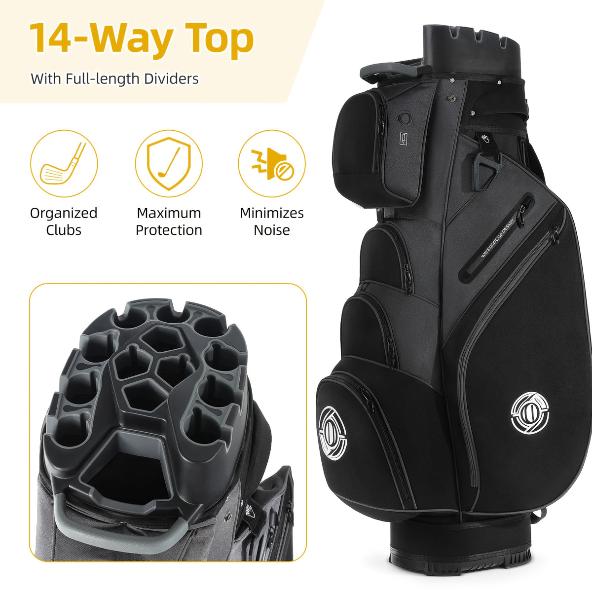 Golf Cart Bag with 14-Way T-Lock Club Divider, 8 Storage Pockets and Rain Cover, Padded Shoulder Strap and Cart Strap Pass-Through for Organized Rounds