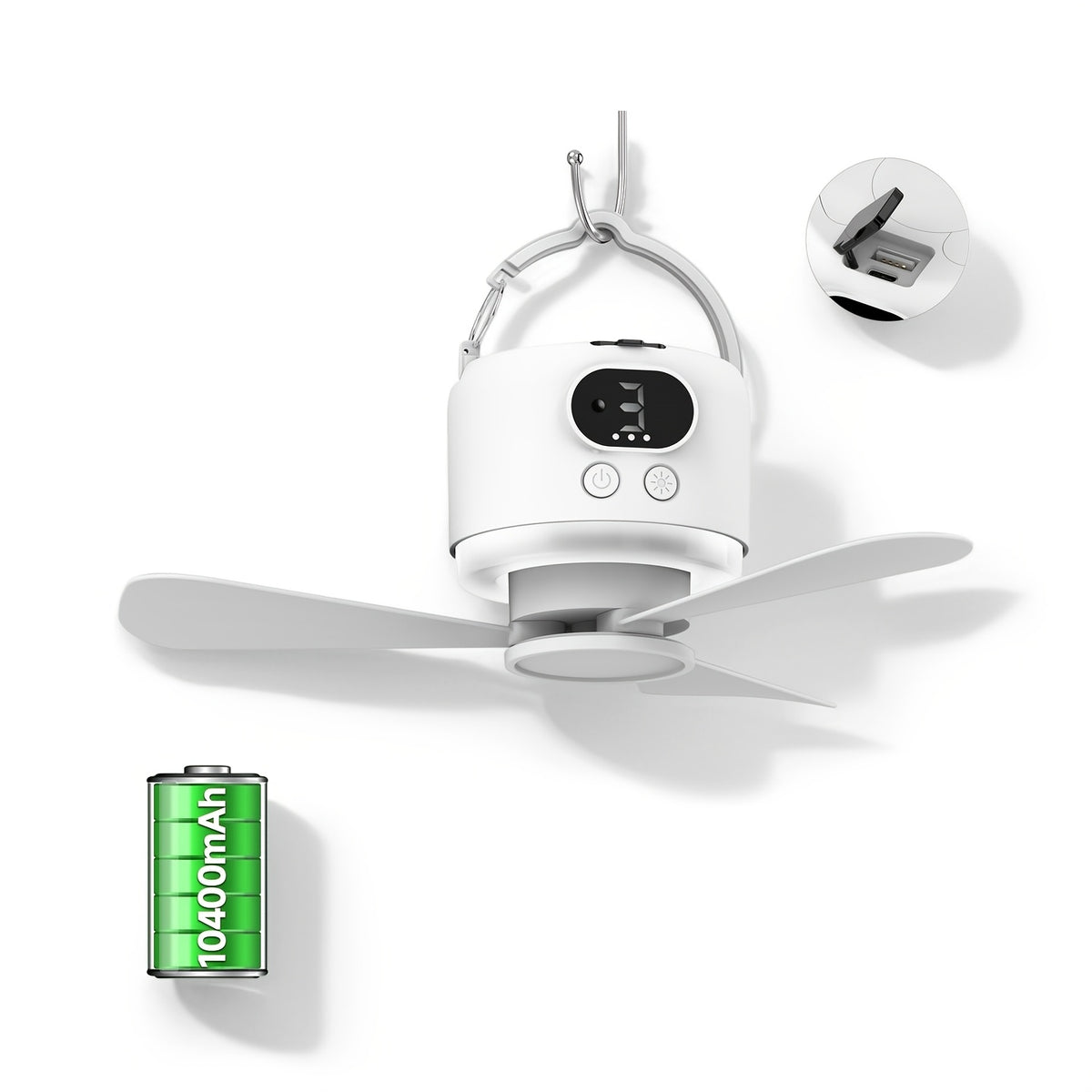 10400mAh Camping Ceiling Fan with Remote Control and LED Light, USB Rechargeable Tent Fan with Detachable Blades and Four Adjustable Speed Settings