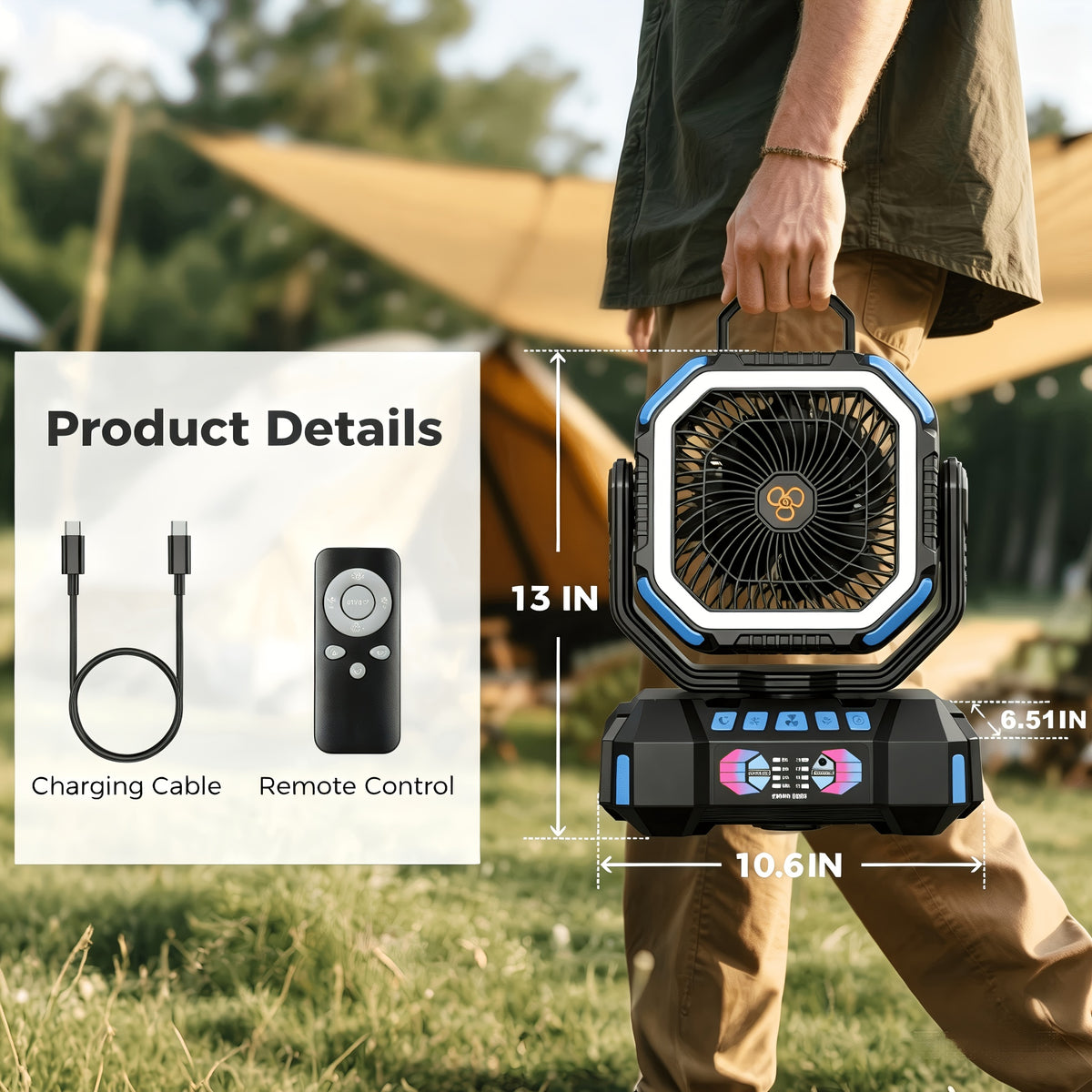 40000mAh Rechargeable Camping Fan with Remote Control, 4 Speeds, Adjustable LED Lights, Timer and Tent Hook for Standing or Hanging Outdoor Use