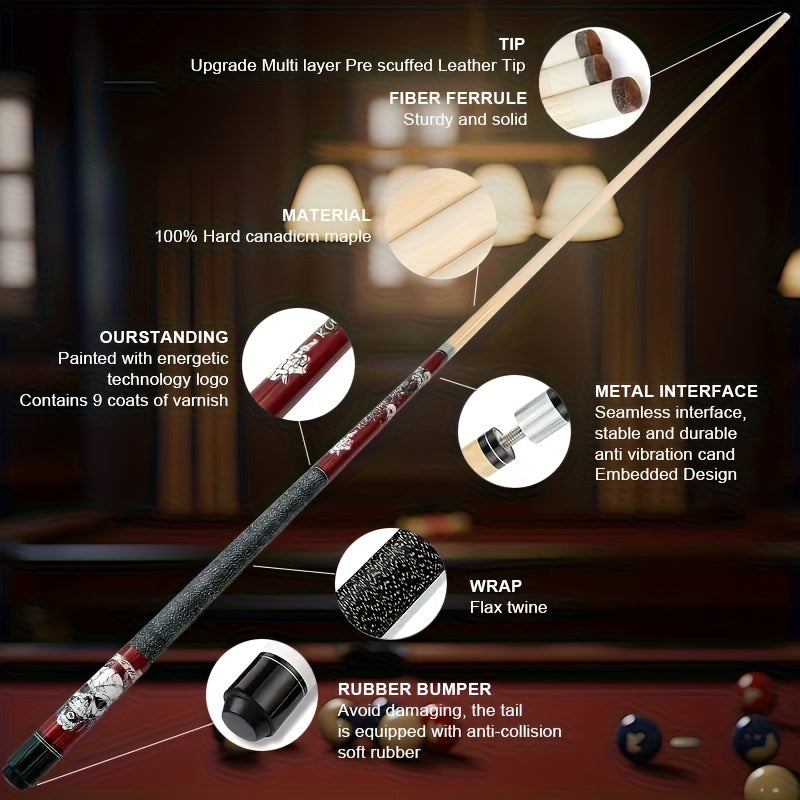 Maple Snooker Cue 58-Inch 20oz with Skull Theme, Accessory-Included Options for Men and Women, Game Room Gear and Christmas Gift Ideas
