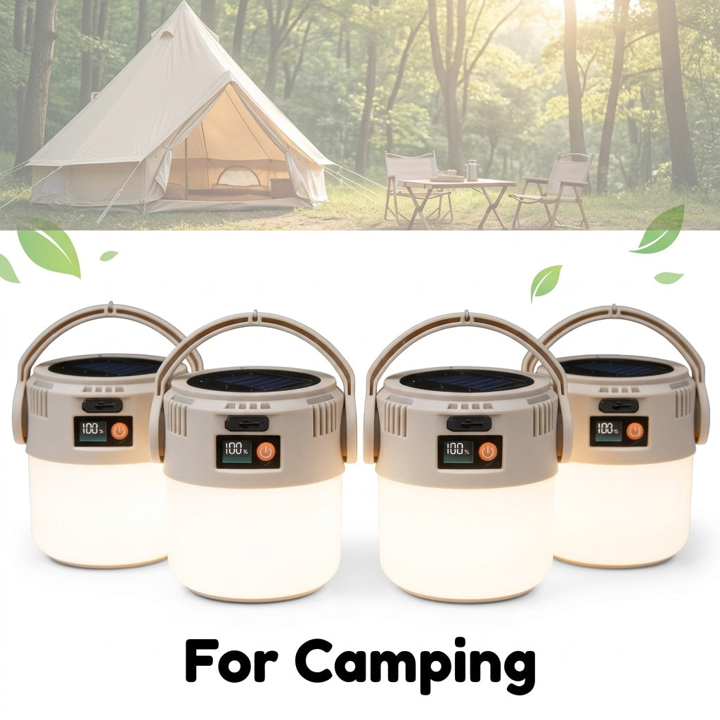 6-Mode Solar Camping Lantern with USB Rechargeable LED Light, Power Bank Function and Hanging Hook, Portable Outdoor Lamp in 2 or 4 Pack Options