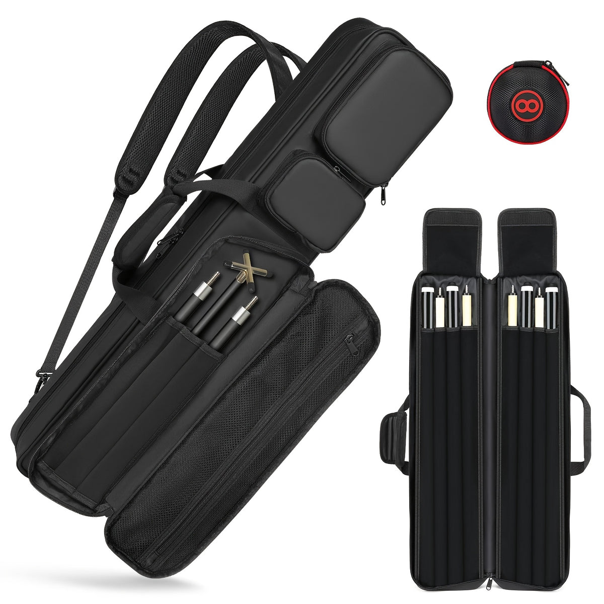 4x4 Pool Cue Case with Hidden Backpack Strap, Billiard Travel Bag Holds 4 Butts and 4 Shafts with Large Front Accessory Pockets for Gear Storage