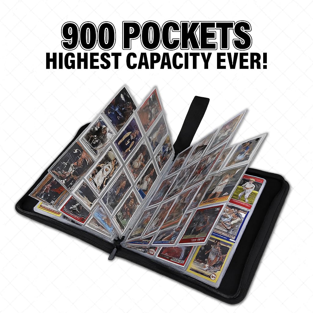 Trading Card Binder with 900 Pockets, Zippered PU Leather Album with 50 Removable Double-Sided Pages for MTG, Baseball and Sports Card Storage