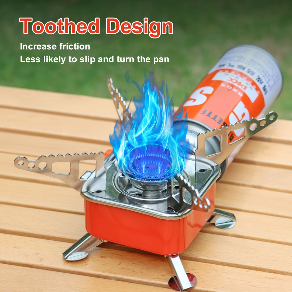 Mini Butane Camping Stove with Folding Supports and Adjustable Flame, Palm-Sized Red Portable Gas Burner for Hiking, Picnics and Outdoor Cooking