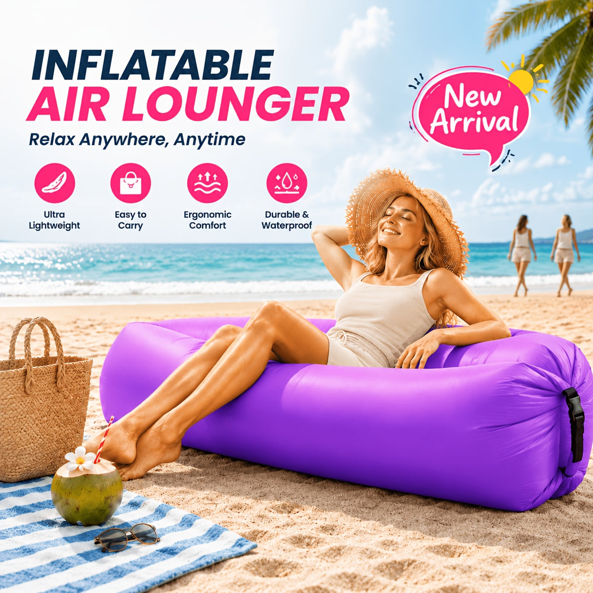 Inflatable Lounger Sofa Bed for One Person, Portable Foldable Polyester Air Cushion with Storage Bag for Camping and Beach Relaxation