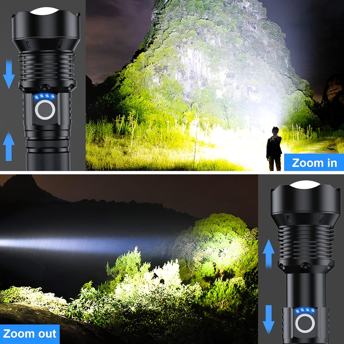 6000mAh Rechargeable LED Flashlight with Type-C Charging, Aluminum Alloy Tactical Work Light with Adjustable Spotlight and Floodlight Focus for Outdoor Tasks