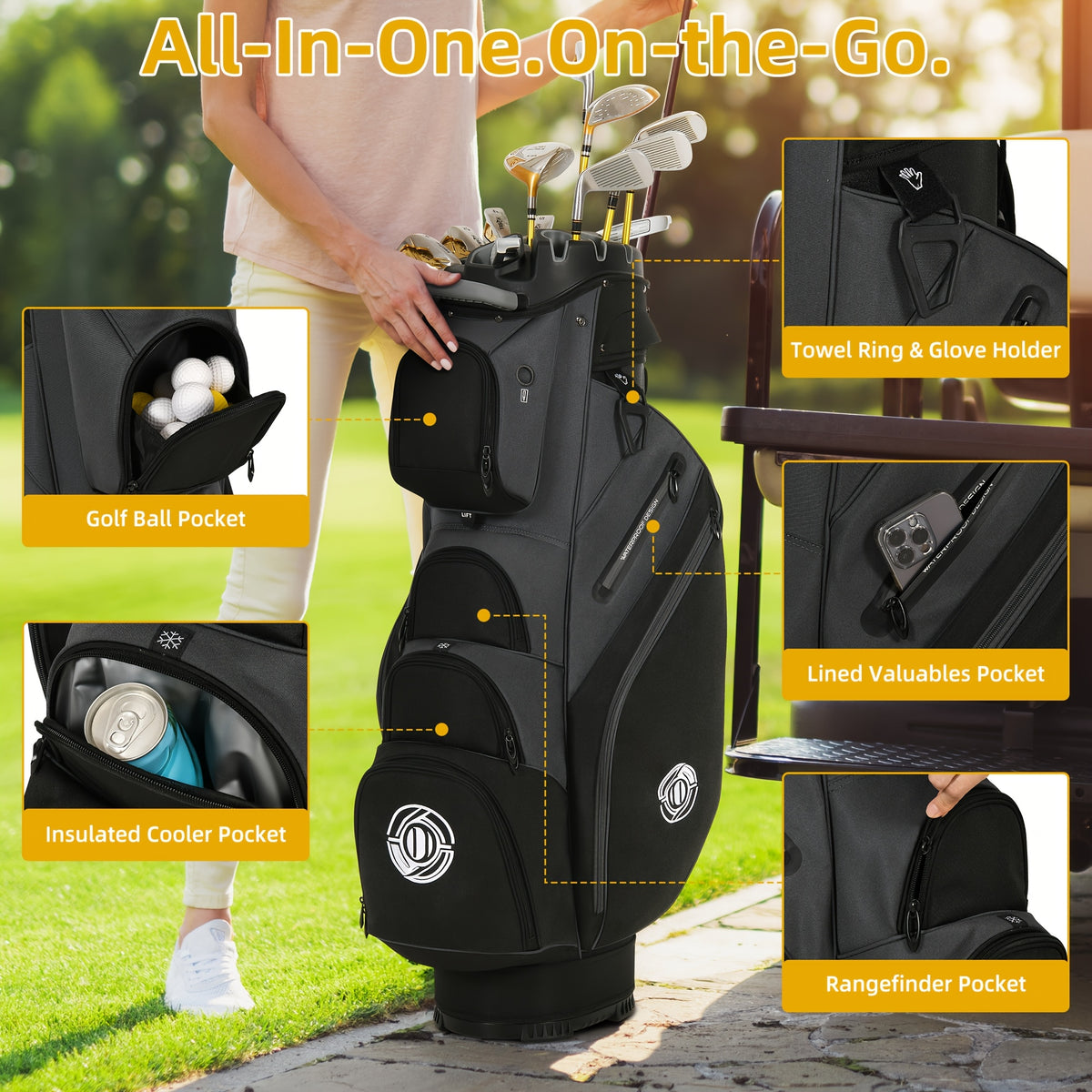 Golf Cart Bag with 14-Way T-Lock Club Divider, 8 Storage Pockets and Rain Cover, Padded Shoulder Strap and Cart Strap Pass-Through for Organized Rounds