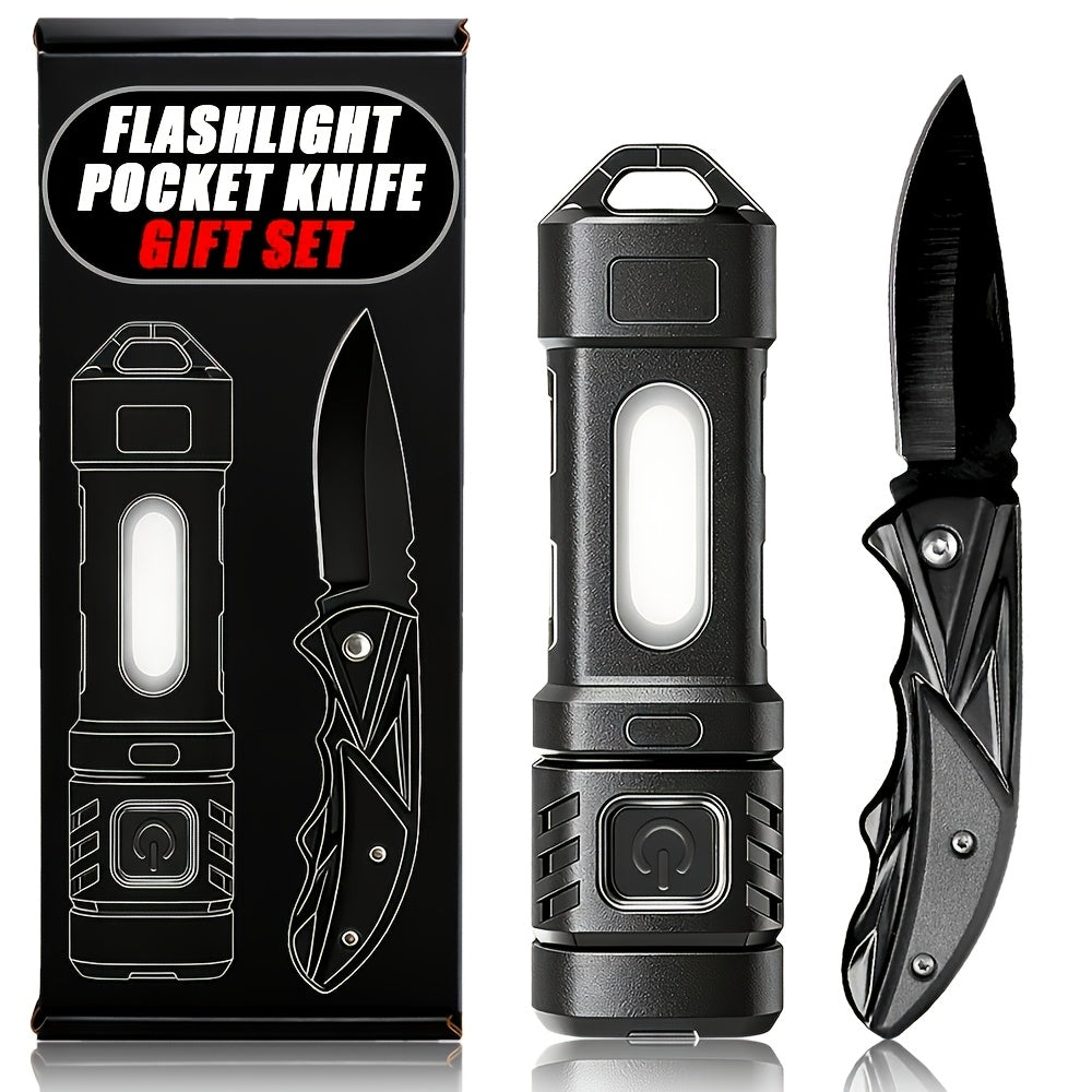 2-Piece Survival Kit with USB Rechargeable Flashlight and Folding Pocket Knife, Clip-On Outdoor Tools with Optional Fire-Starting Version