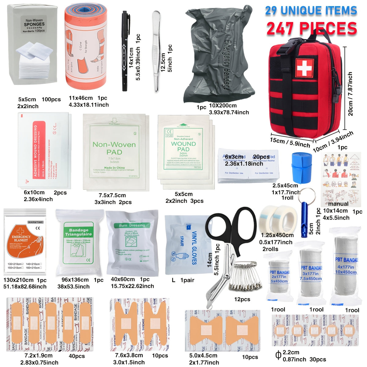 247-Piece First Aid Pouch Kit with Listed Tourniquet and Trauma Bandage, EH247 Emergency Supply Set for Home, Car, Camping and Travel Preparedness
