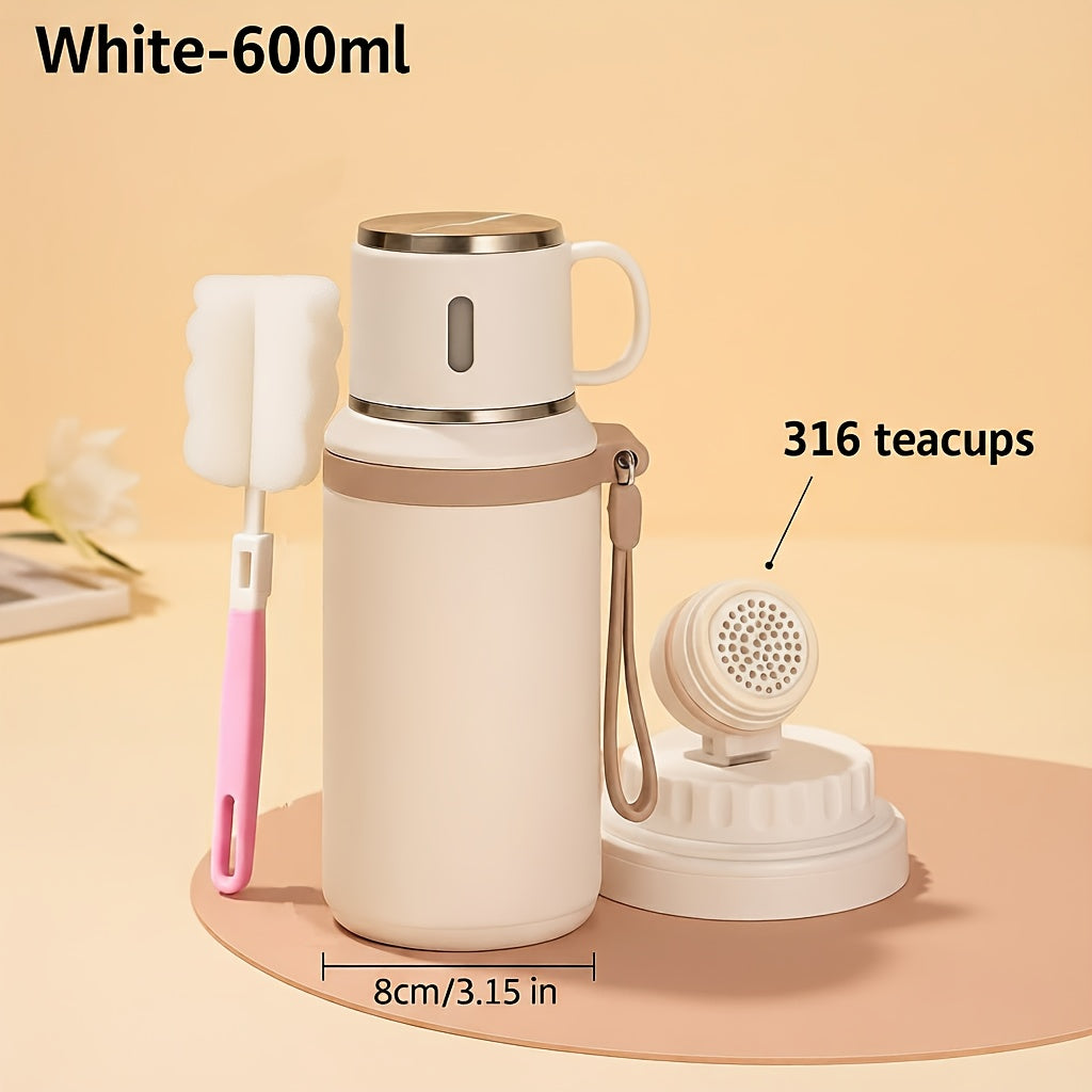Vacuum Insulated Water Bottle 20.29 oz, 600ml 316 Stainless Steel Flask with Handled Cup Lid and Cleaning Brush Sets for Travel, Office and Outdoor Days