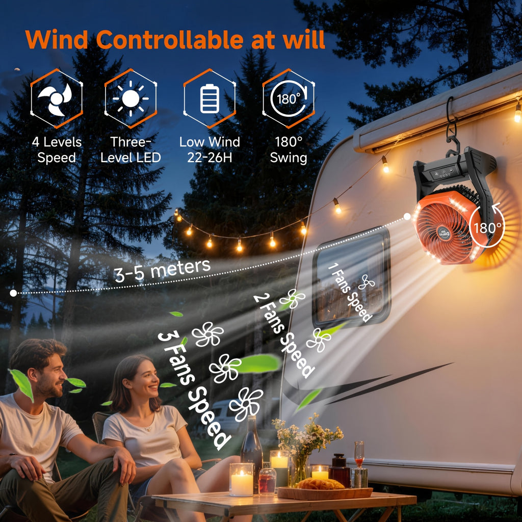 Portable Outdoor Desk Fan with LED Light, Camping Cooling Gear with Orange, Green, Black, Gray and Pink Color and Model Options