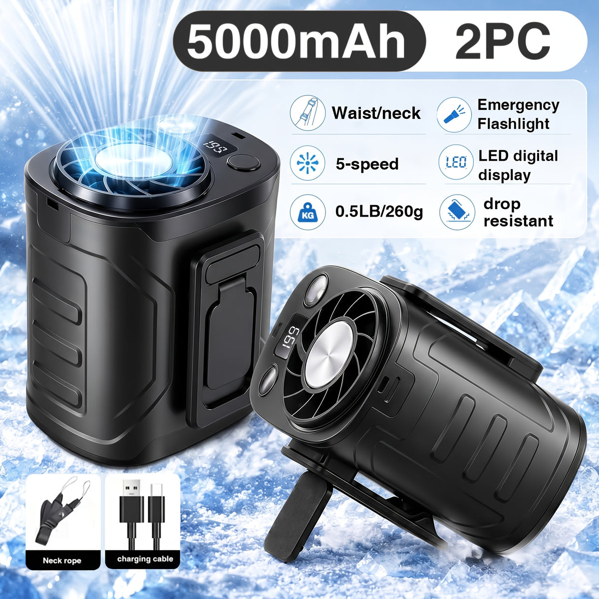 5000mAh Portable Waist Fan with 199 Speed Settings, Listed 18000 RPM Brushless Motor and LED Power Display in Orange, Green or Black, 1 or 2 Pieces