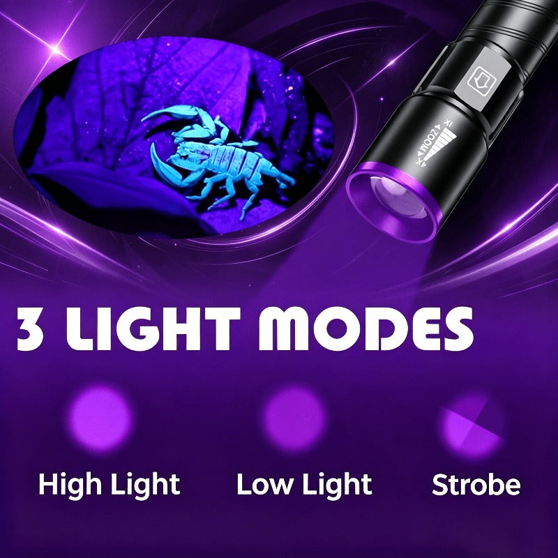 395nm UV Blacklight Flashlight with Adjustable Zoom, USB Rechargeable Aluminum Body and 3 Modes for Fluorescent Stain and Mineral Inspection