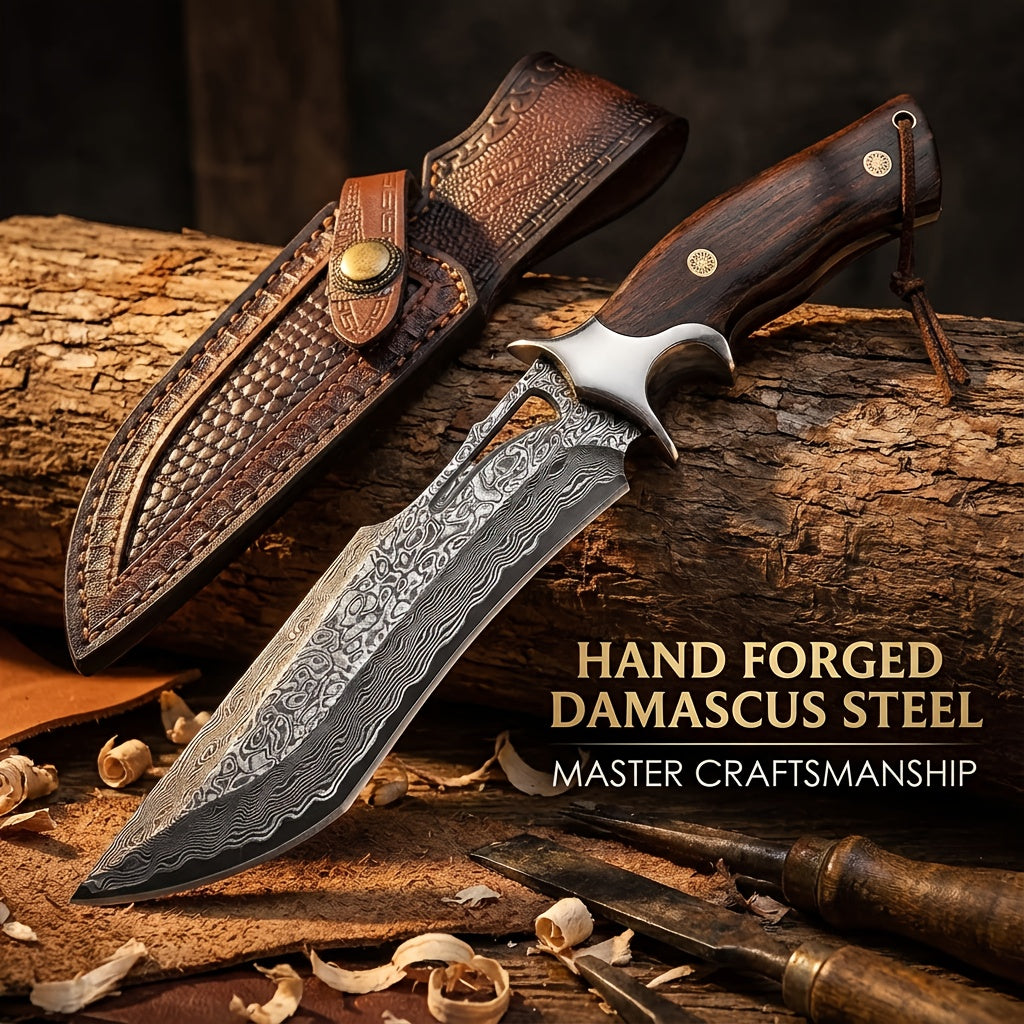 Full-Tang Damascus Hunting Knife with Leather Sheath, Hand-Forged Patterned Steel Blade and Premium Handle for Outdoor Field Tasks and Collectors
