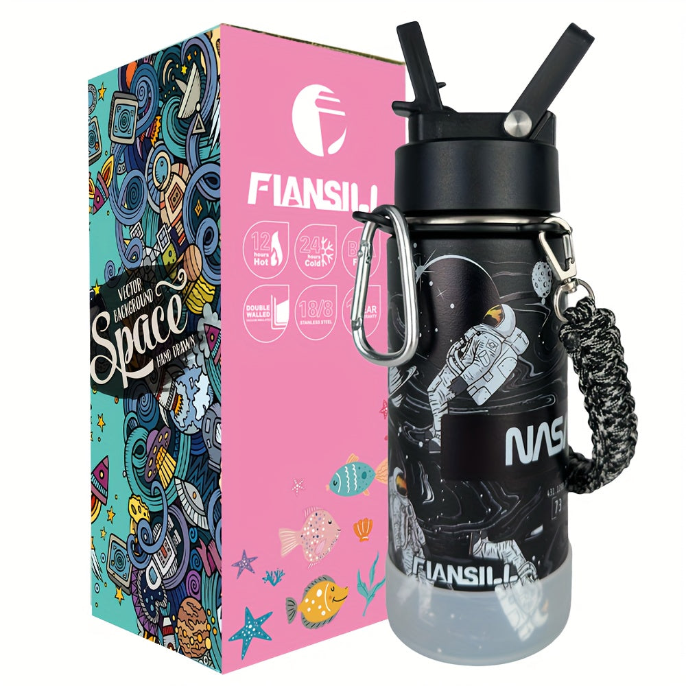 16oz Student Insulated Water Bottle, Stainless Steel Vacuum Flask with One-Hand Lid, Carry Strap and Seven Designs for School and Outdoor Trips