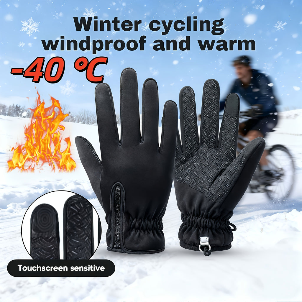 Zipper Winter Gloves for Men and Women, Thermal-Lined Touchscreen Gloves in Black Polyamide Knit for Cold-Weather Outdoor Activewear, M–XL