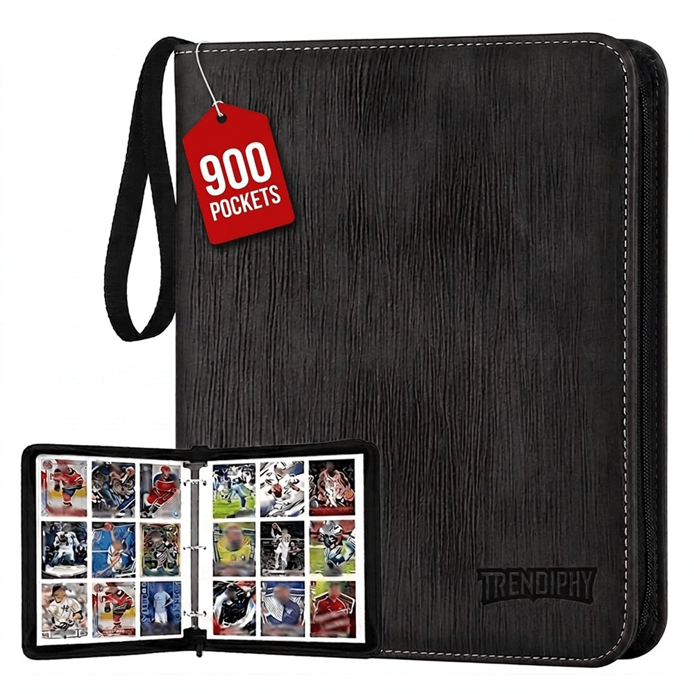 Trading Card Binder with 900 Pockets, Zippered PU Leather Album with 50 Removable Double-Sided Pages for MTG, Baseball and Sports Card Storage