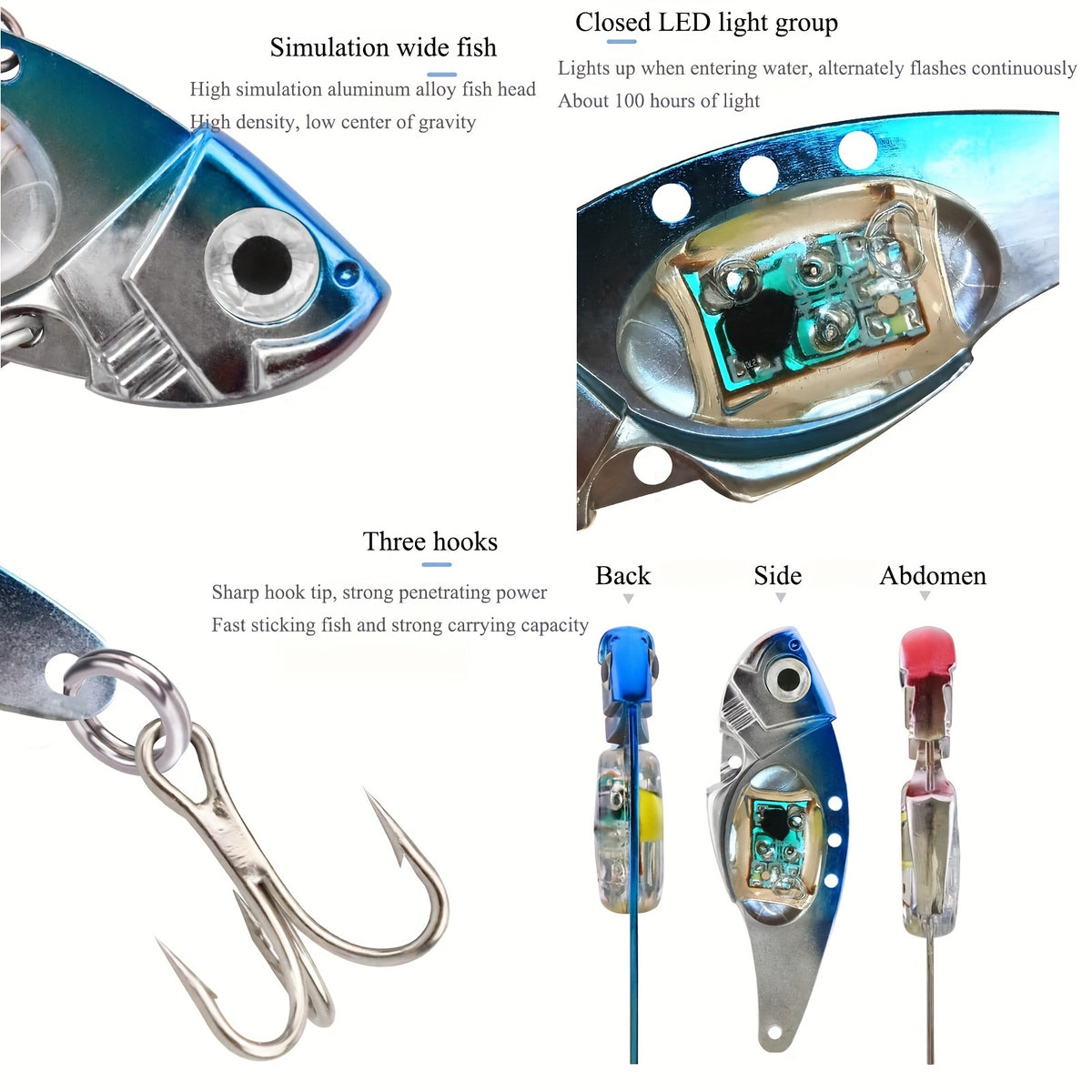 Electronic Fishing Lure Fish-Shaped Bait with Sound, Vibration and Illuminated Detail, Aluminum Alloy Angling Gear in Blue or Red Multi-Pack Options